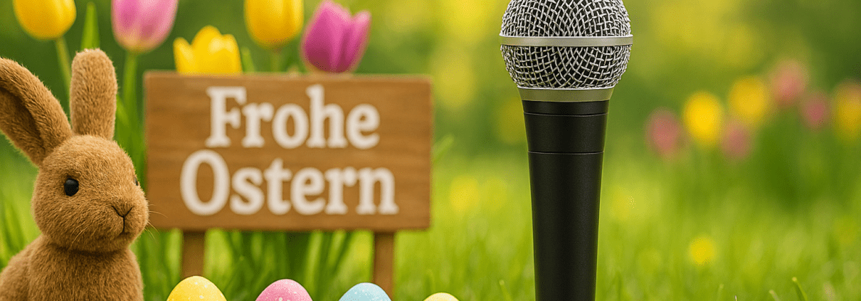 Mikrofon, Hase, bunte Eier, Frühlingsblumen